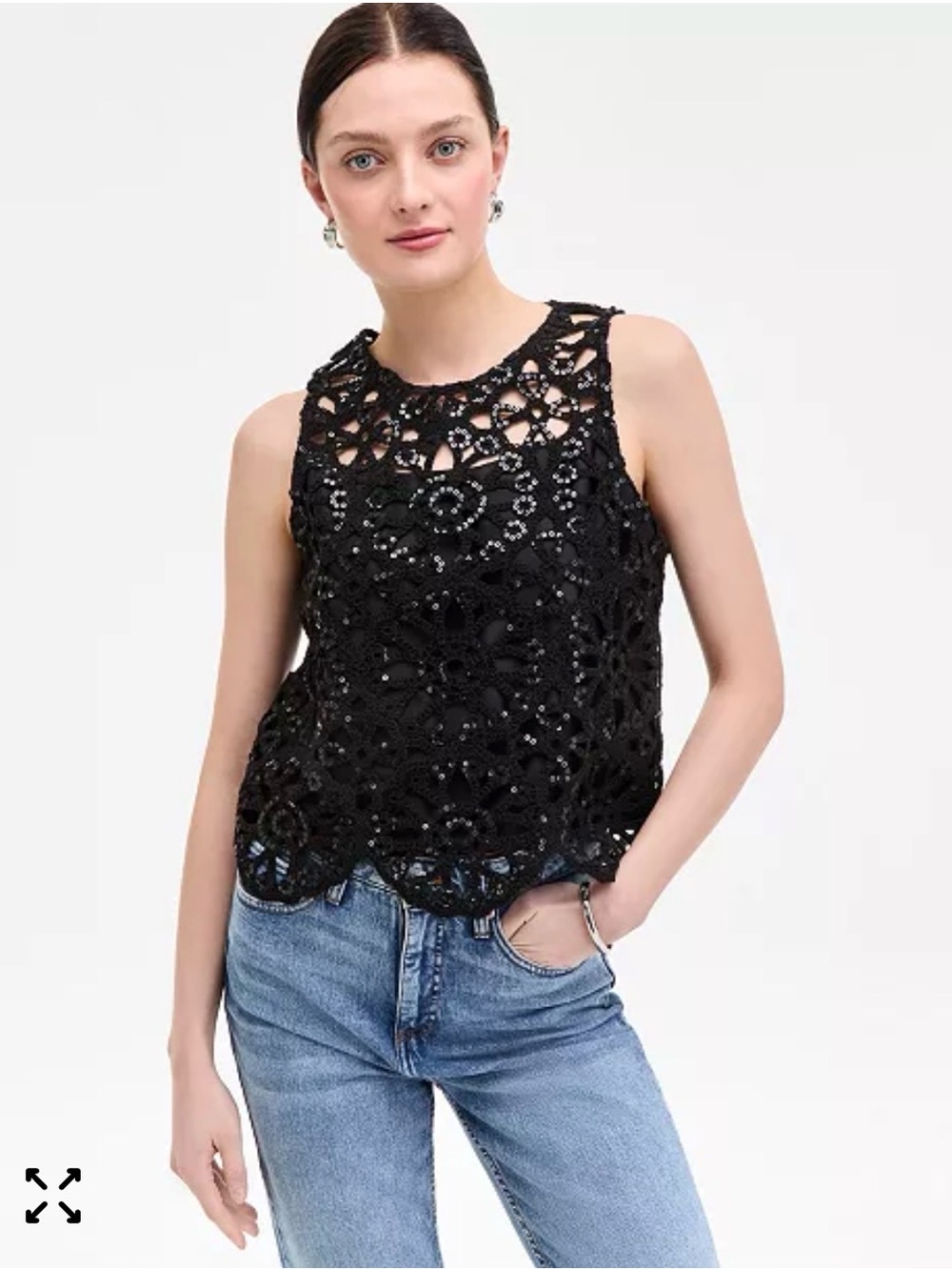 NWT On 34th Women Black Sequin Crochet Scallop Hem Sleeveless Top Tank Macys S